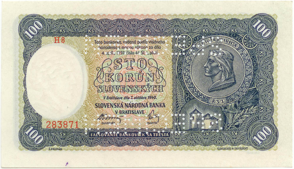 100 Ks 1940 (bankový vzor) - avers