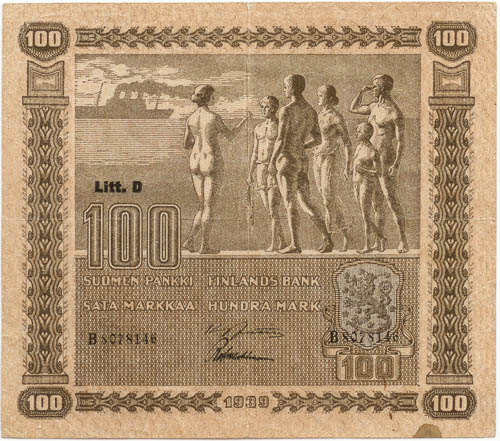 100 Markkaa 1939 Litt. D - avers