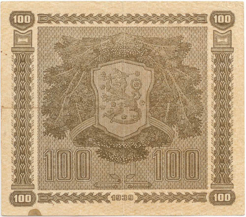 100 Markkaa 1939 Litt. D - revers