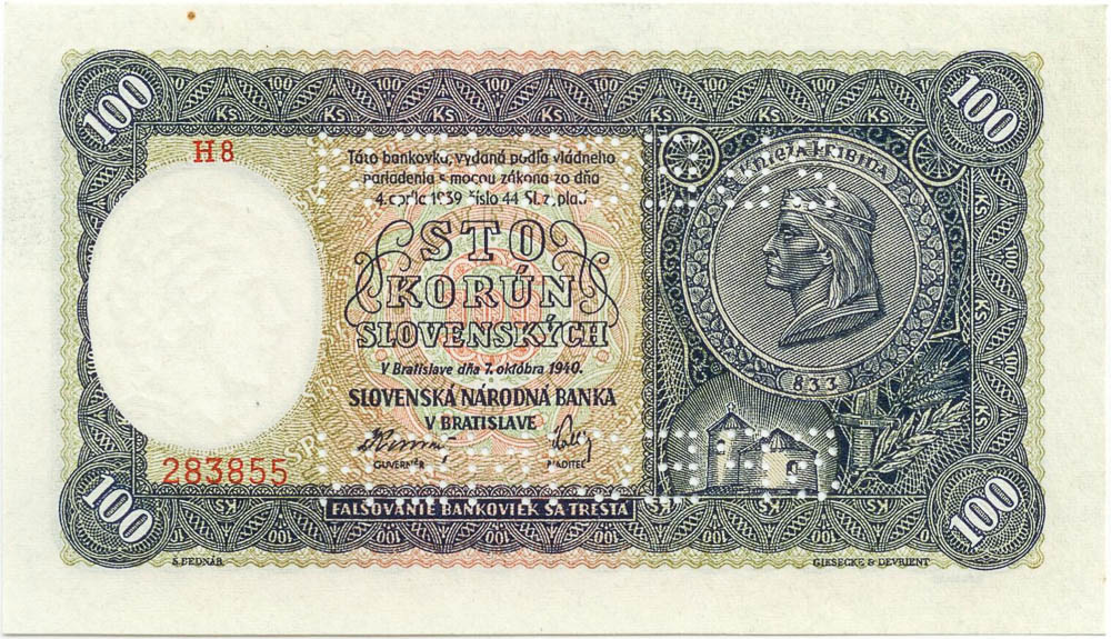 100 Ks 1940 (bankovní vzor) - avers