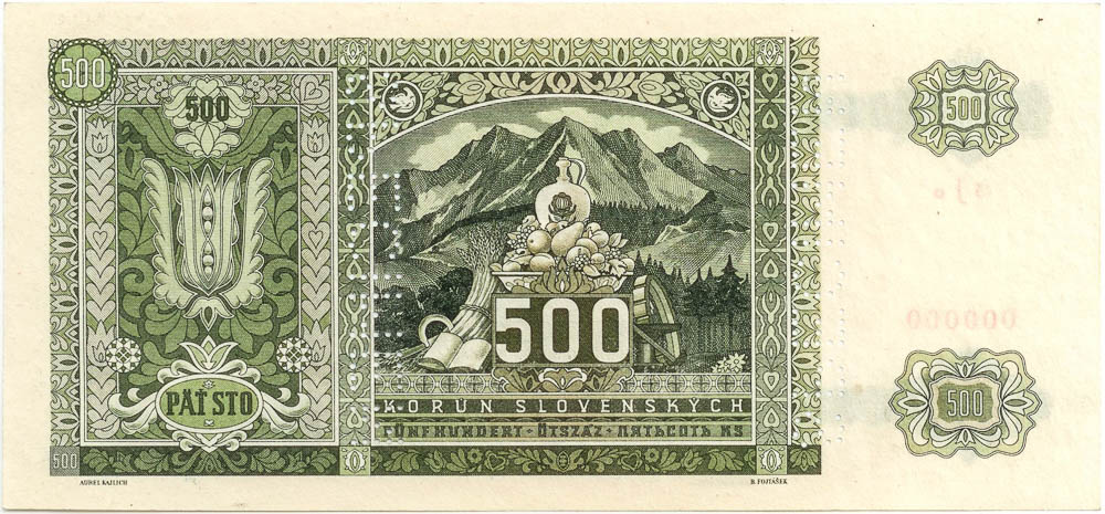 500 Ks 1941 (bankovní vzor, anulát) - revers