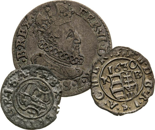 Groschen (to 9 Denars) 1623, Denar 1624, Denar 1630 (3 pcs) - front