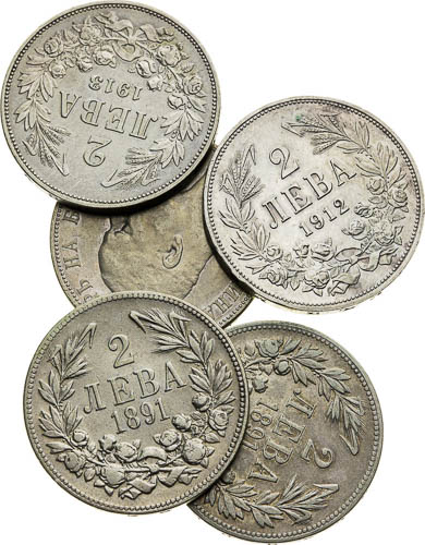 2 Leva 1891, 1891, 1910, 1912, 1913 (5 ks) - averz