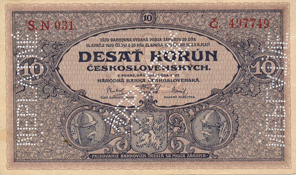 10 Kč 1927 (bankový vzor) - avers