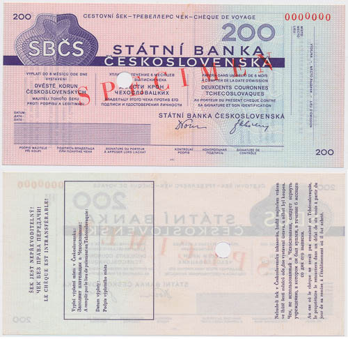 200 Kčs Cestovní šek SBČS - avers