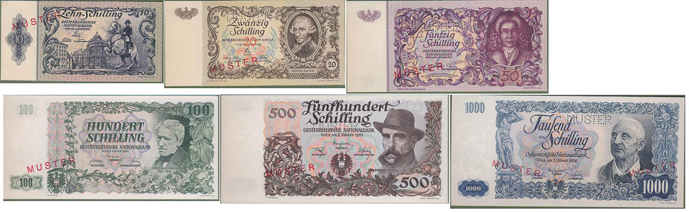 Schilling 1950-1954 (6 pcs) Specimen - front