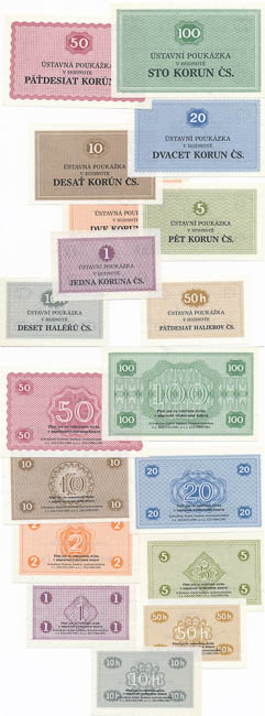 10 ,50 hal, 1,2,5,10,20,50,100 Kčs (9 ks) - avers