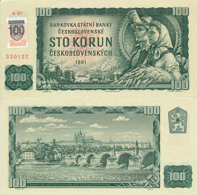 100 Sk/Kčs 1961 kolkovaná - averz