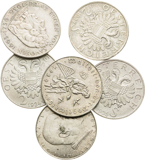 2 Šilink 1930, 1932, 1934, 1935, 1936, 1937 (6 ks) - averz