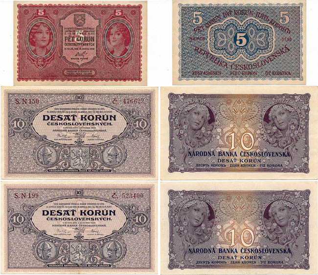 5, 10 Koruna 1919-1927 (3 pcs) - front
