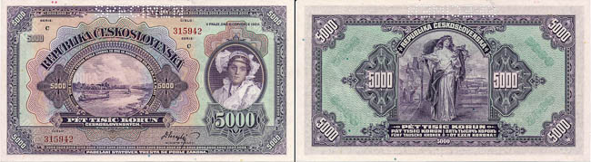 5000 Koruna 1920 (perforated) - front