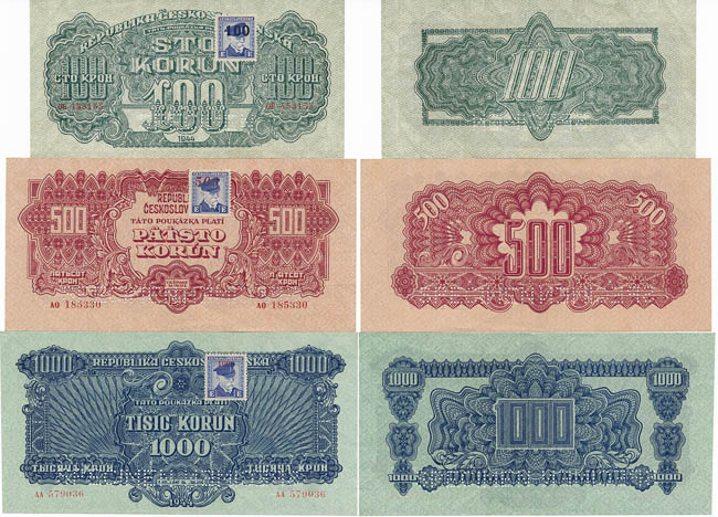 100, 500, 1000 Koruna 1944 (3 pcs) - front