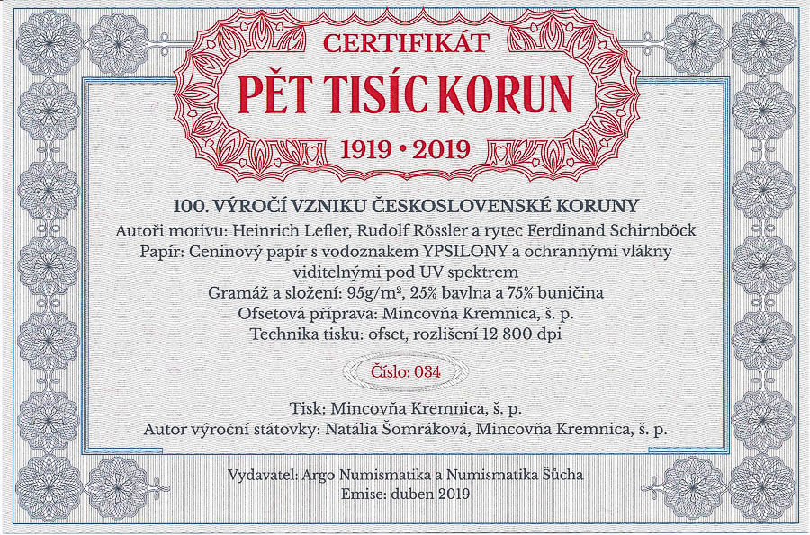 5000 Koruna 1919/2019 (commemorative print) - back