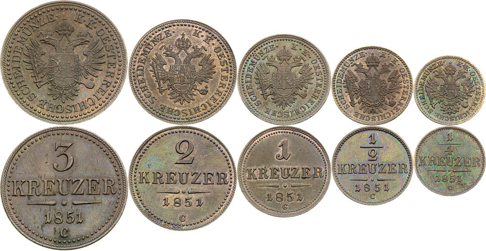 Zkušební ražby krejcarů z roku 1851 (5 ks) - avers