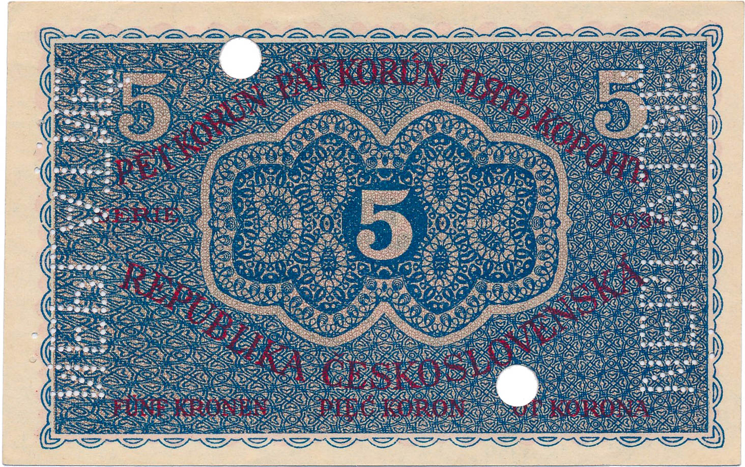 5 Kč 1919 (bankový vzor) - reverz