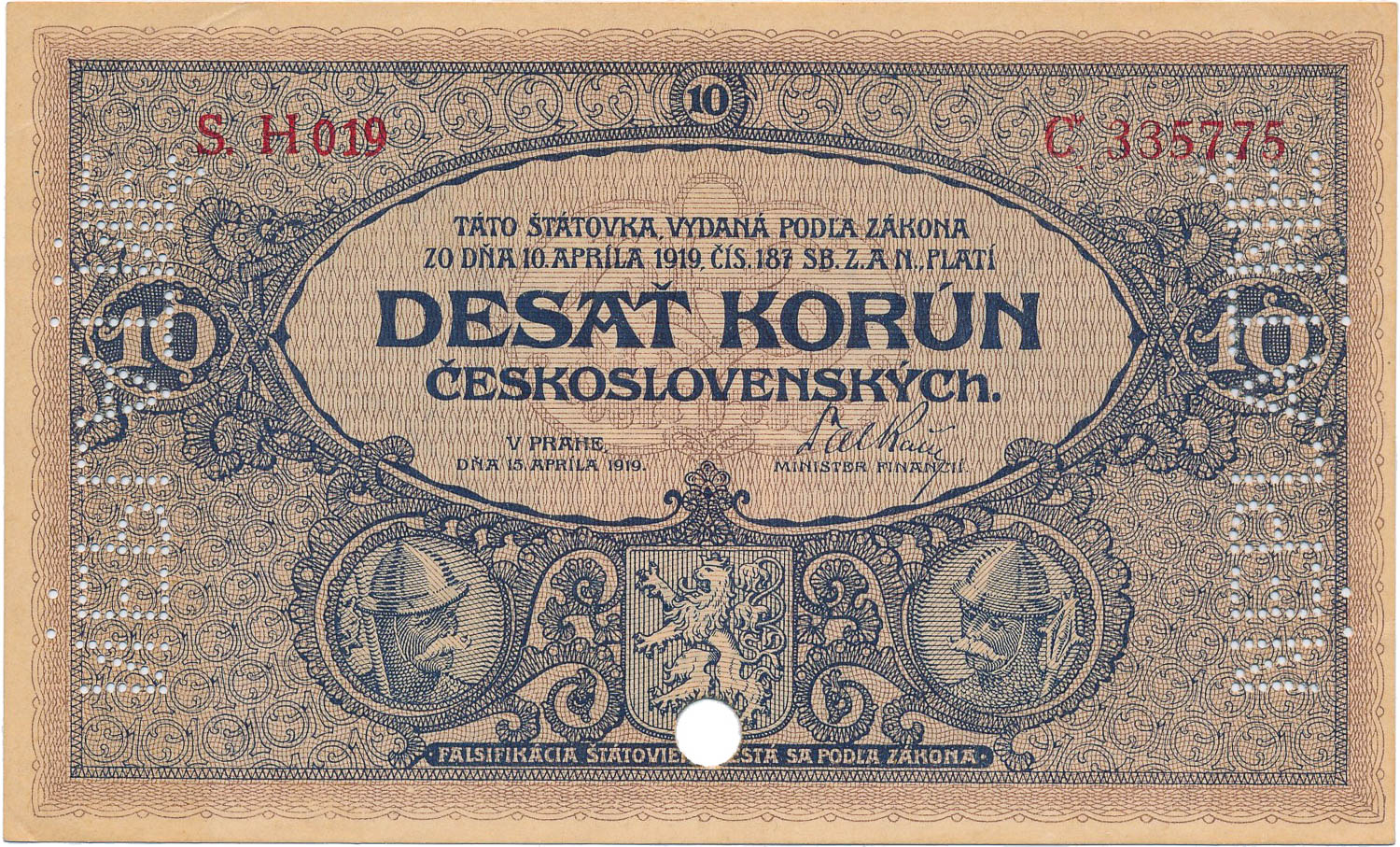 10 Kč 1919 (bankový vzor) - averz