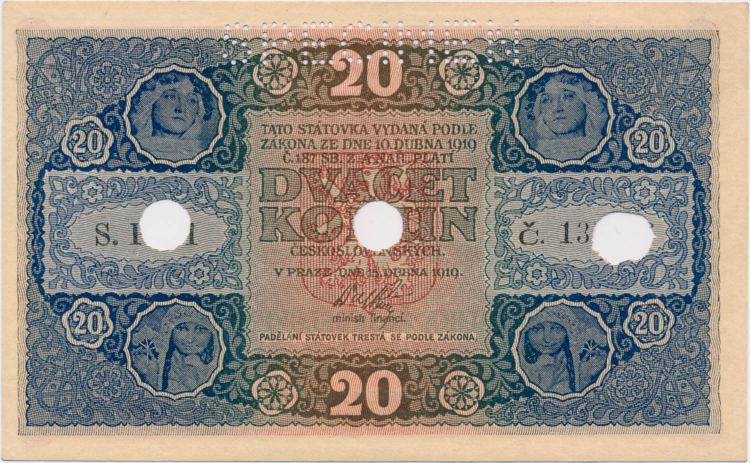 20 Koruna 1919 (bank specimen) - front