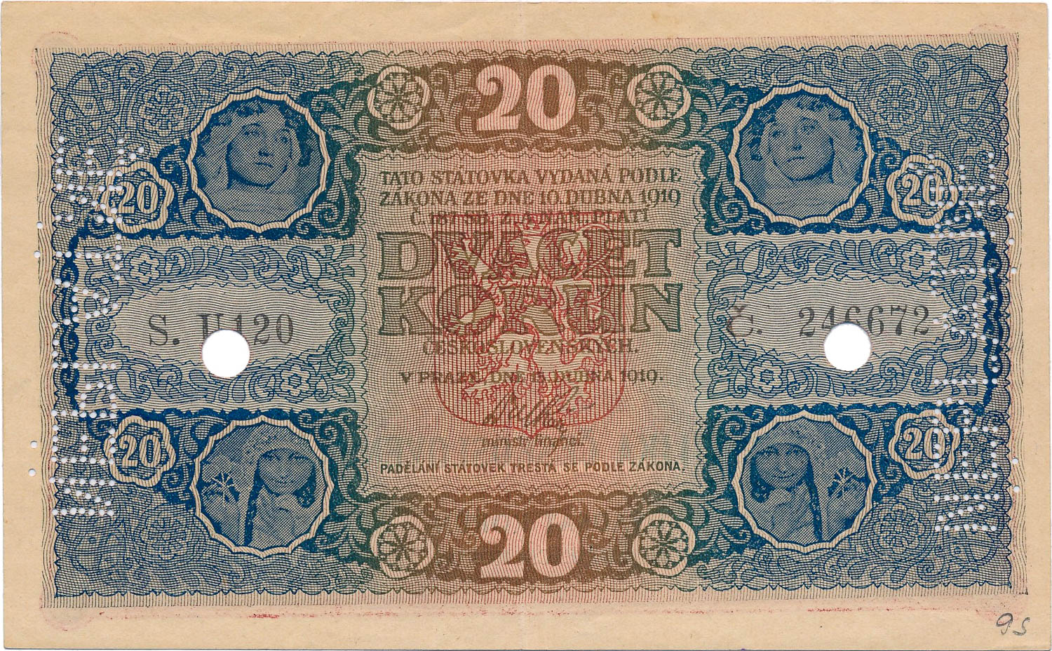 20 Koruna 1919 (bank specimen) - front