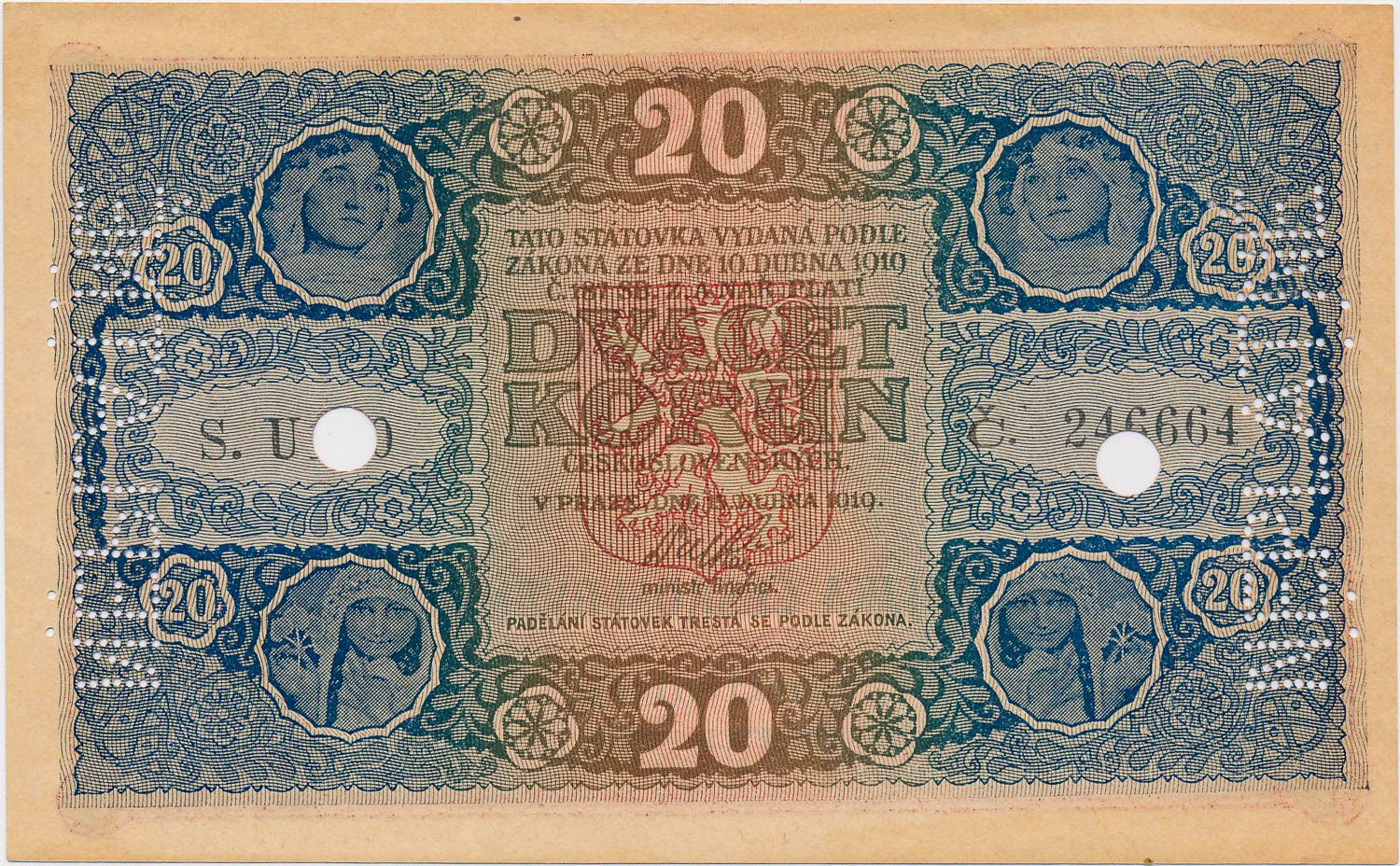 20 Koruna 1919 (bank specimen) - front