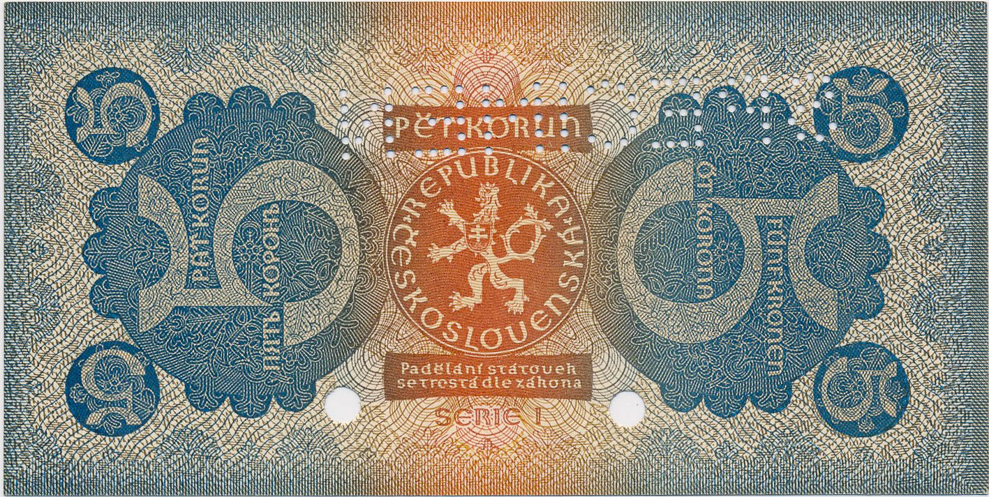 5 Koruna 1921 (bank specimen) - back