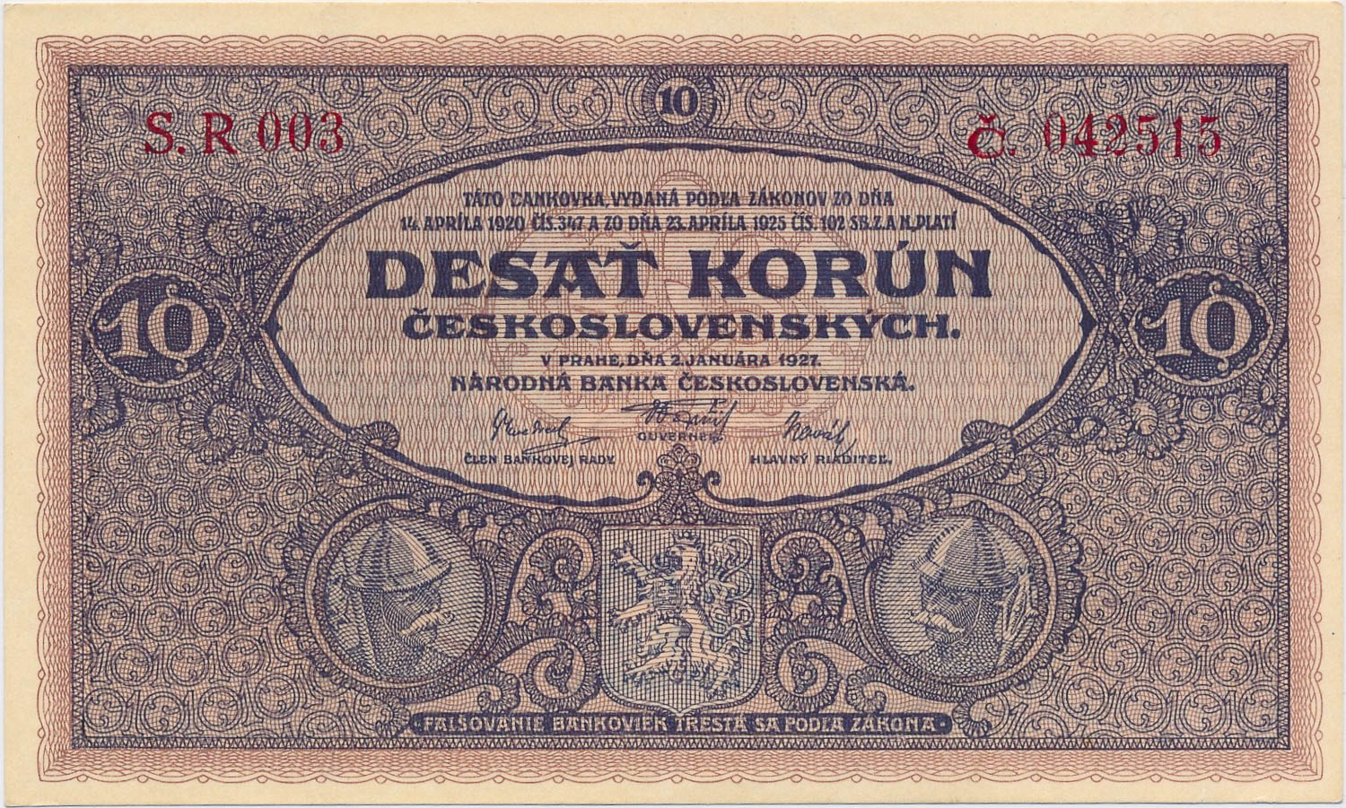 10 Koruna 1927 - front