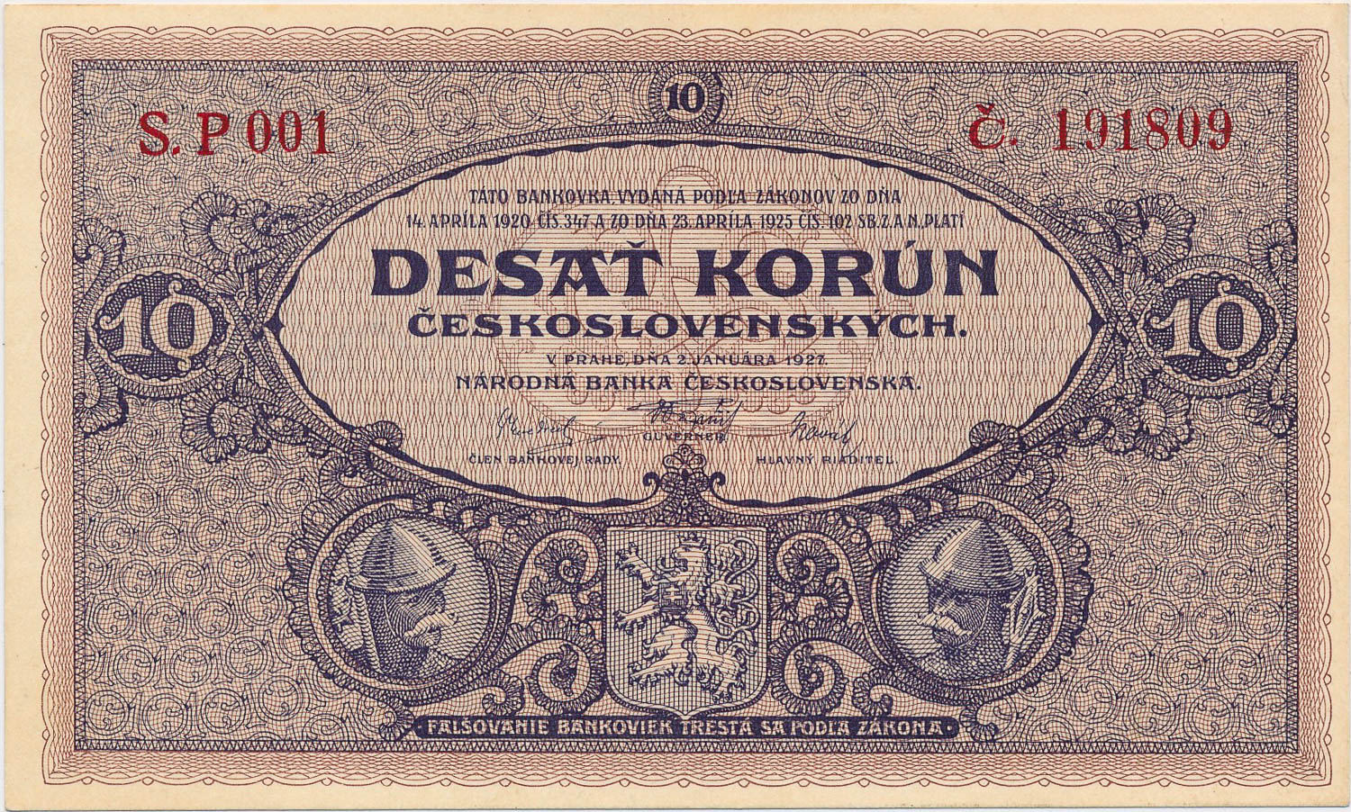 10 Kč 1927 - averz