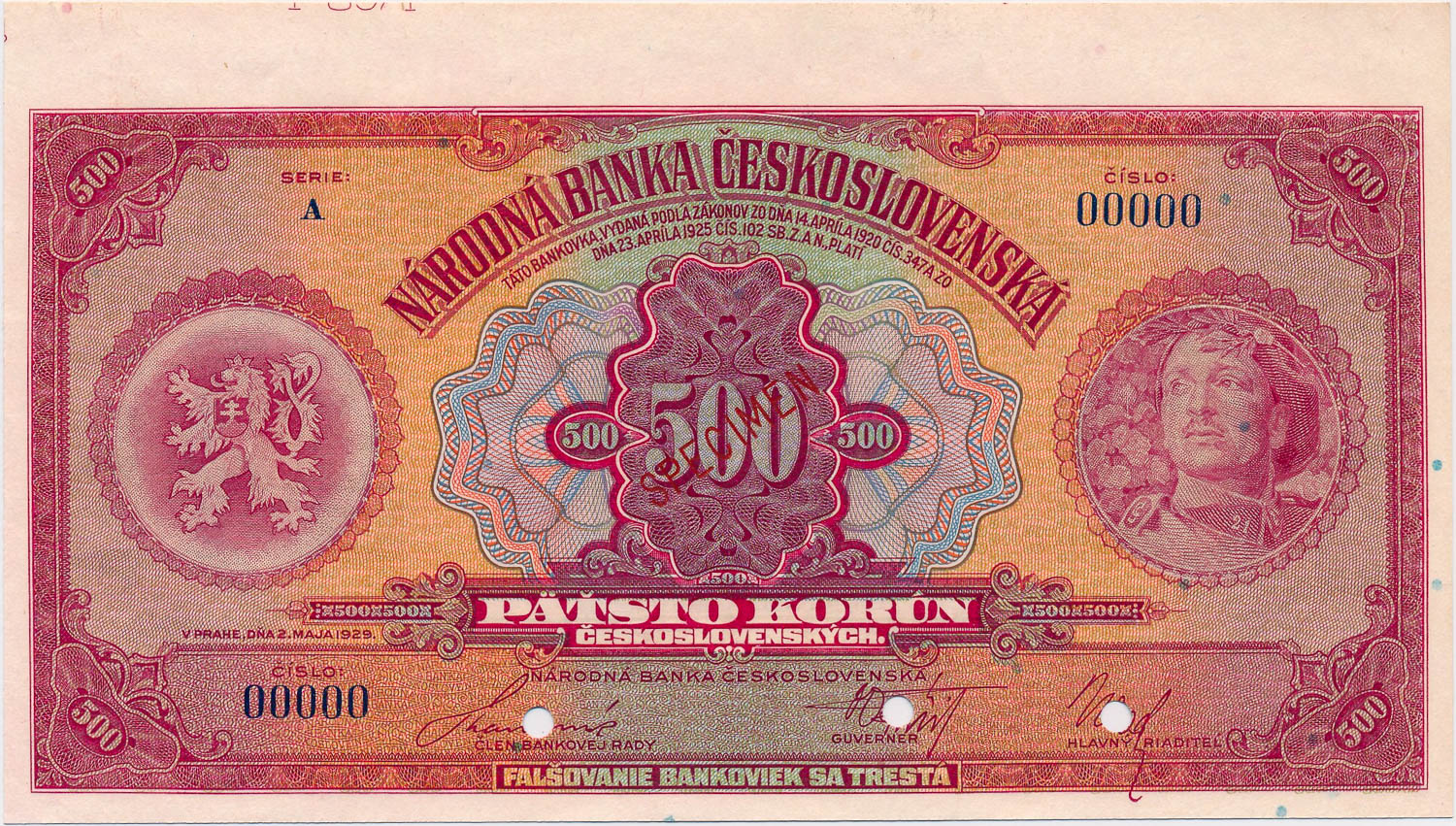 500 Kč 1929 (anulát MAJA) - averz