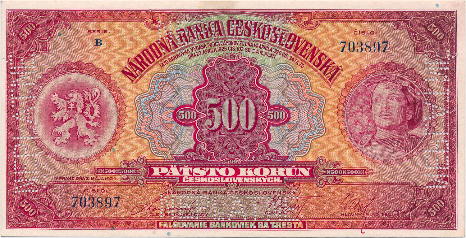 500 Kč 1929 (bankový vzor) - averz