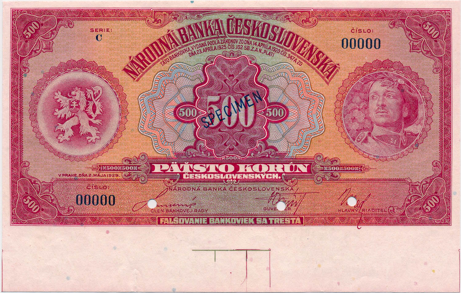 500 Kč 1929 (anulát) - averz