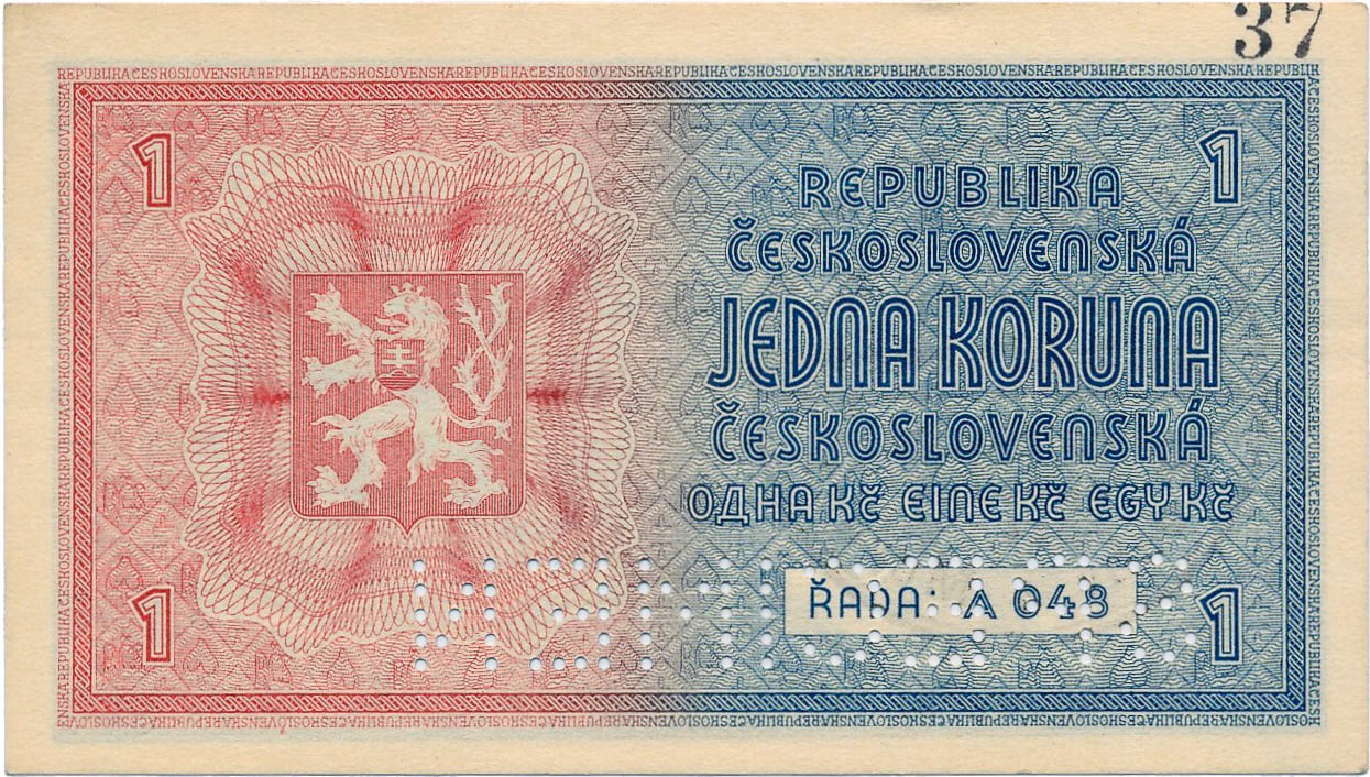 1 Koruna 1938/1940 (bank specimen) - back