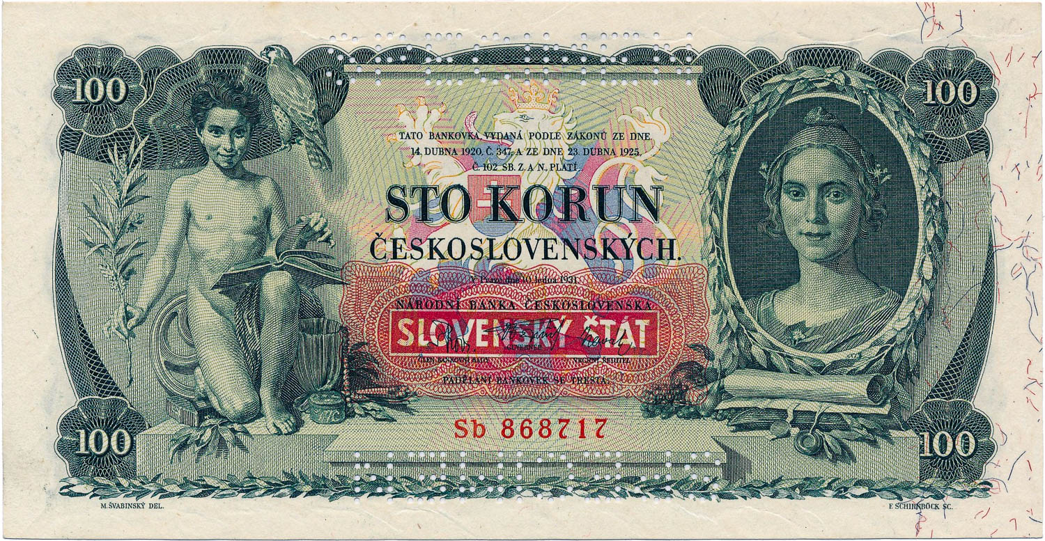 100 Koruna 1931/1939 (bank specimen) - front