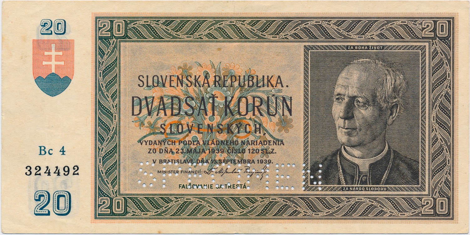 20 Koruna 1939 (perforated) - front