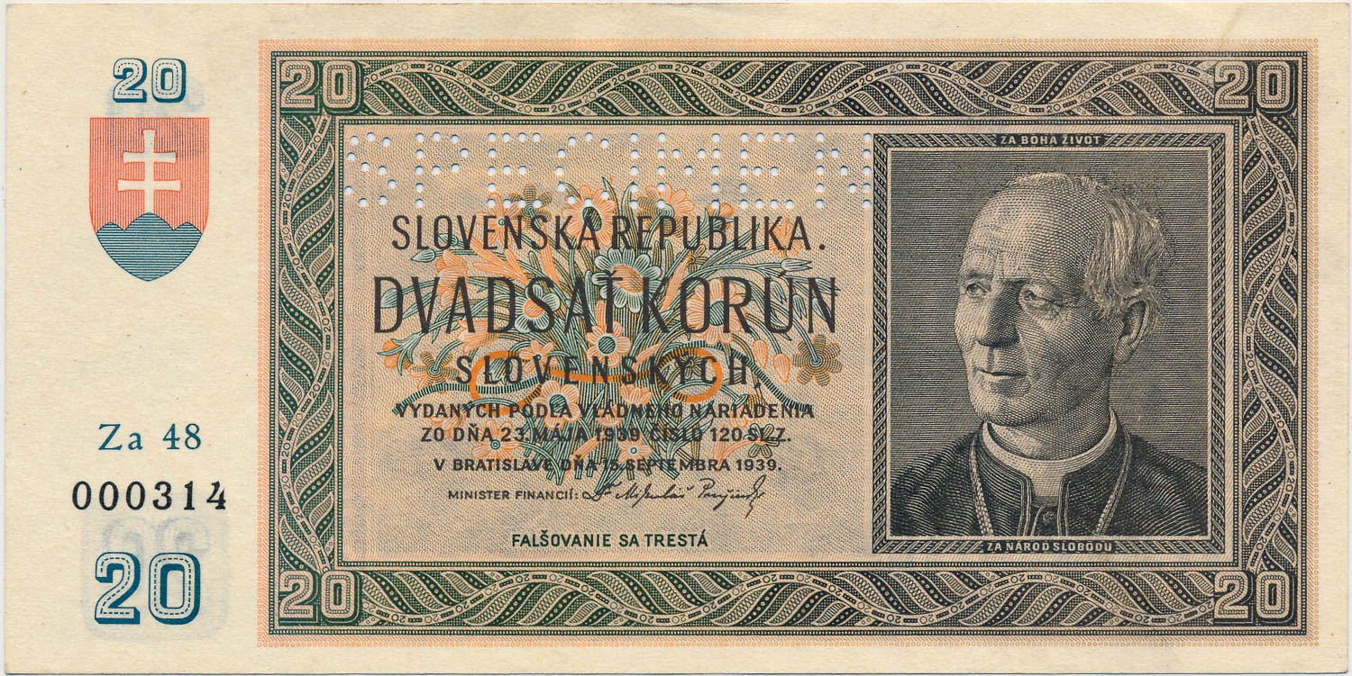 20 Koruna 1939 (bank specimen) - front