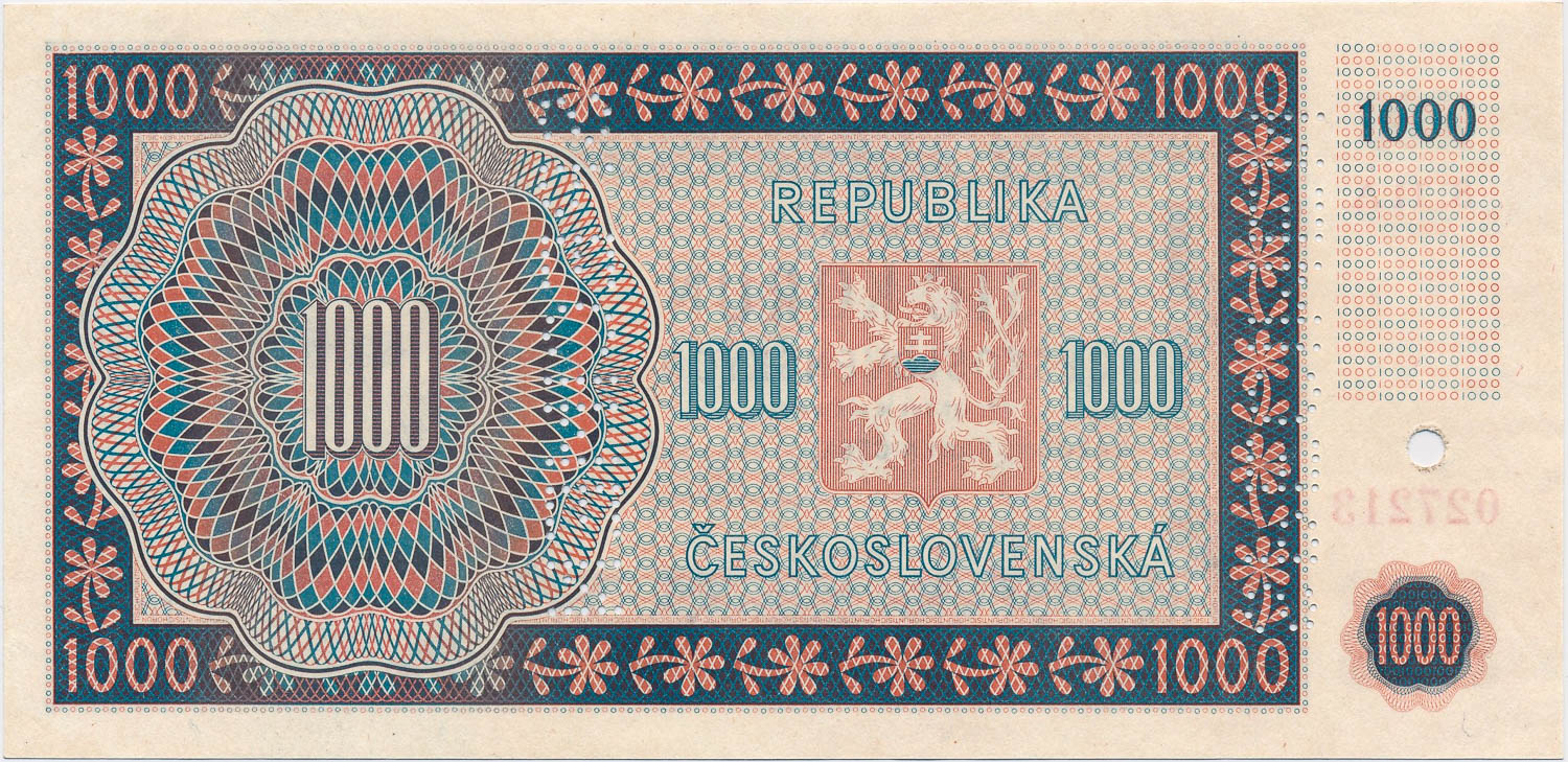 1000 Kčs 1945 (bankový vzor) - reverz