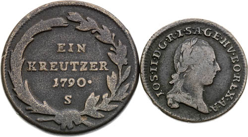 Kreutzer 1790 S, 1/4 Kreutzer 1781 A (2 pcs) - back