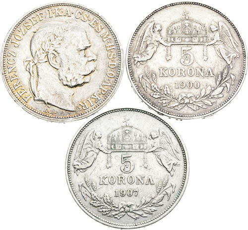 5 Korona 1900, 1907, 1909 (3 ks) - averz