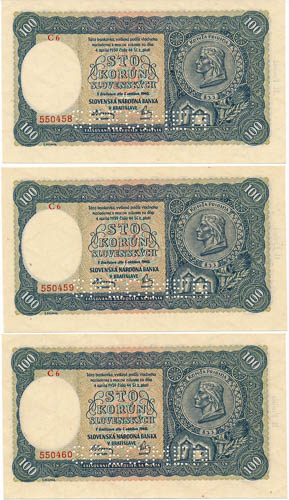 100 Koruna 1940 (perforated) 3 pcs - front