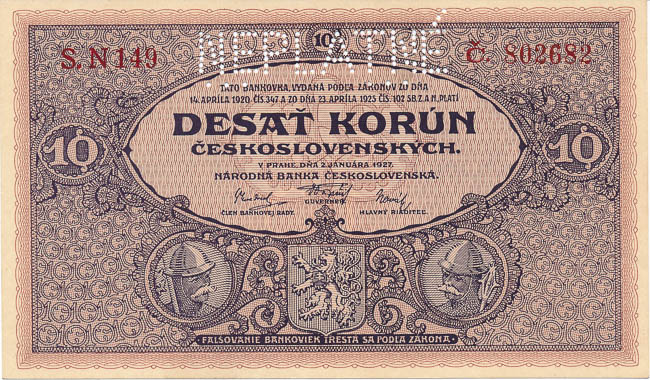10 Kč 1927 (perforovaná) - revers
