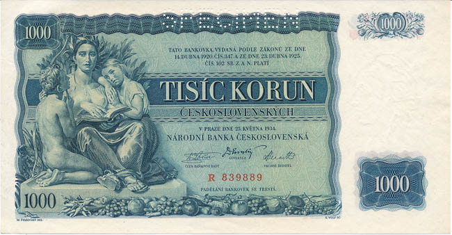 1000 Kč 1934 (perforovaná) - averz