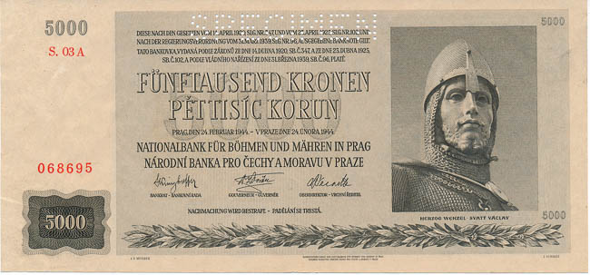 5000 Koruna 1944 (perforated) - front