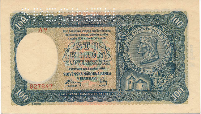 100 Koruna 1940 (perforated) - front