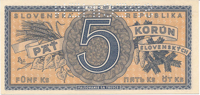 5 Koruna 1945 (perforated) - front