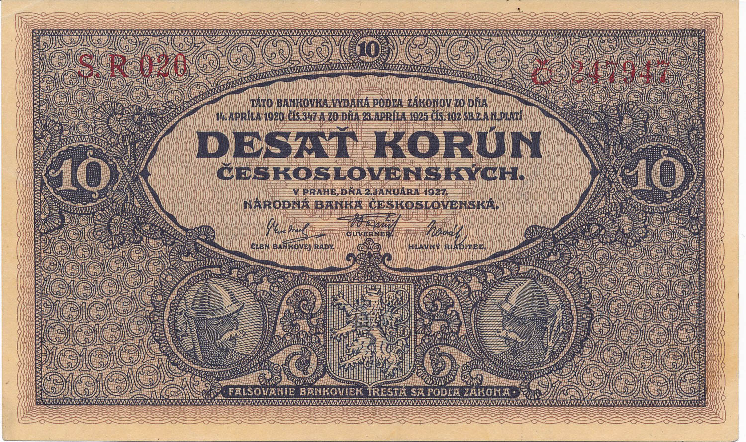 10 Koruna 1927 - front