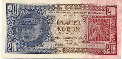 20 Kč 1926 (perforovaná) - avers