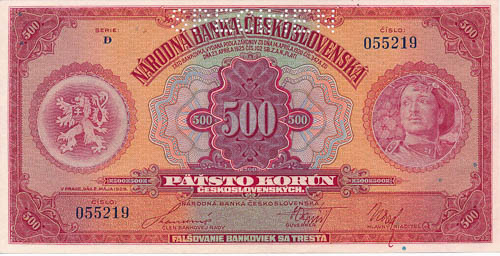 500 Kč 1929 (perforovaná) - avers