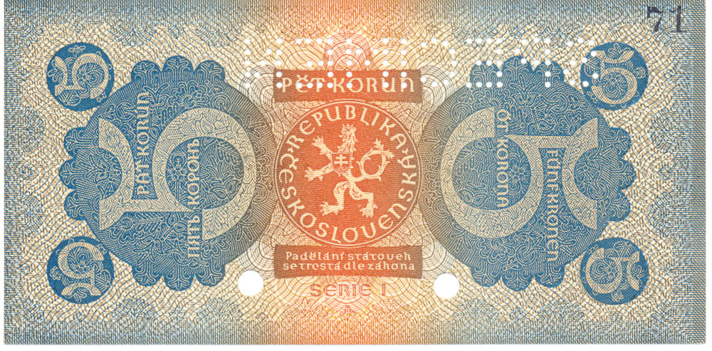 5 Kč 1921 (bankovní vzor) - revers