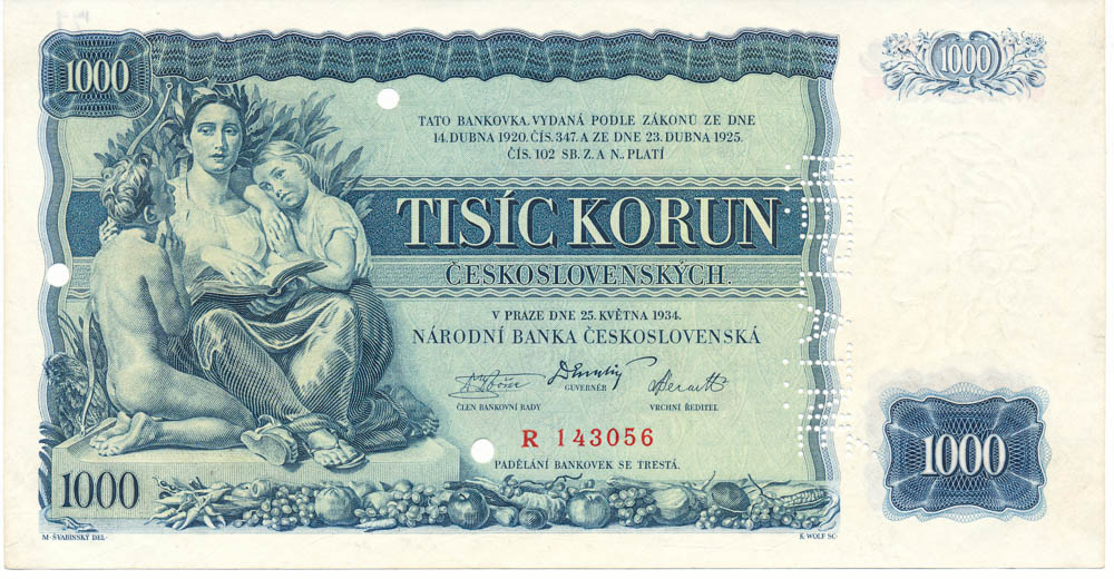 1000 Koruna 1934 (bank specimen) - front