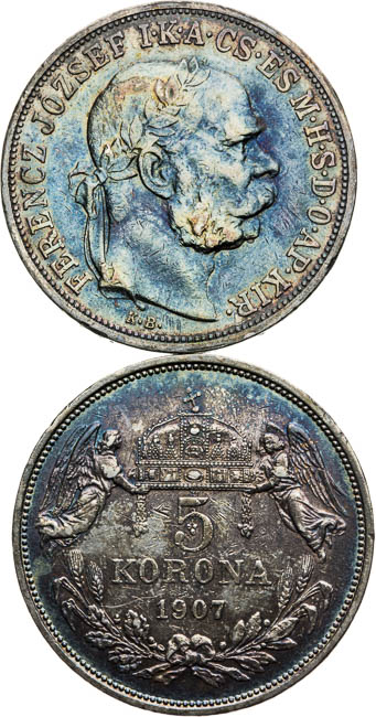 5 Corona 1907, 1908 (2 pcs) - front