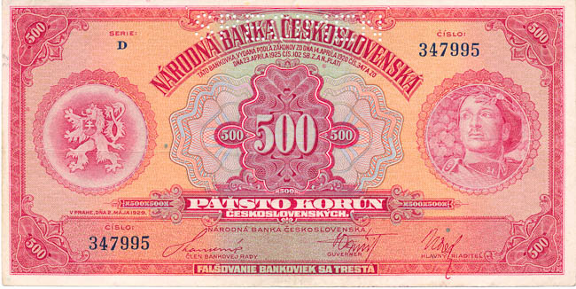500 Koruna 1929 D (perforated) - front