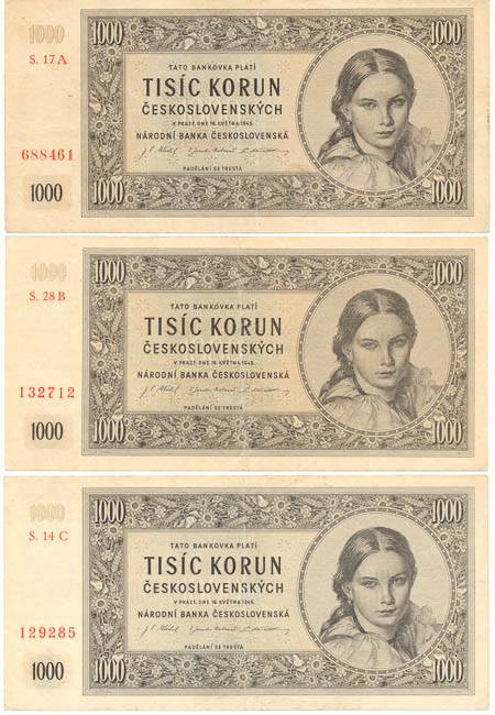 Lot 1000 Koruna 1945 (3 pcs) - front